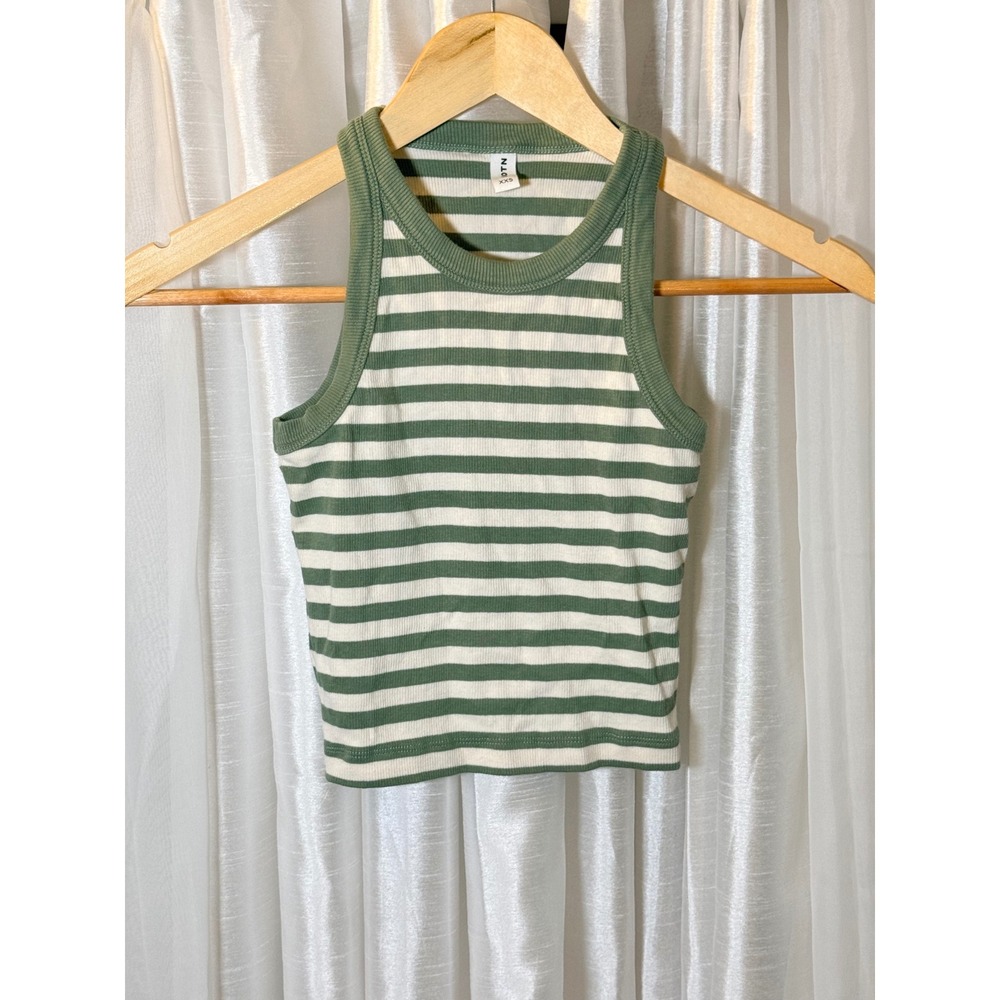 KOTN Tank Top Womens XXS Green Striped Ribbed High Neck Racerback Crop